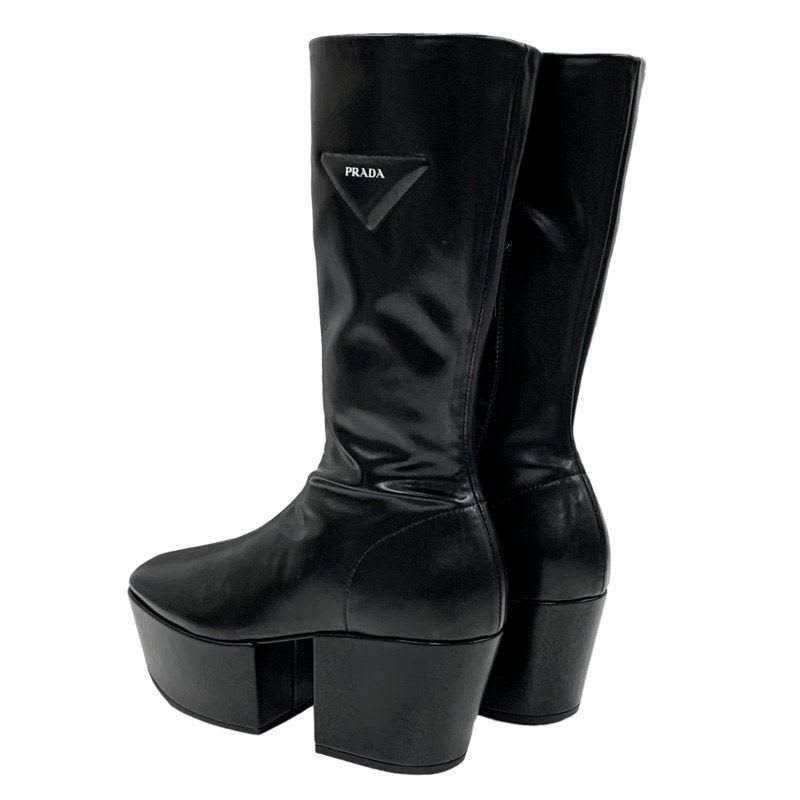 Prada Boots Long Middle Shoes Logo Platform Leather Black — view 4
