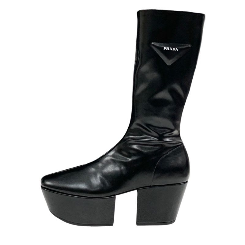 Prada Boots Long Middle Shoes Logo Platform Leather Black — view 3