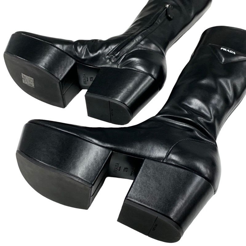 Prada Boots Long Middle Shoes Logo Platform Leather Black — view 6