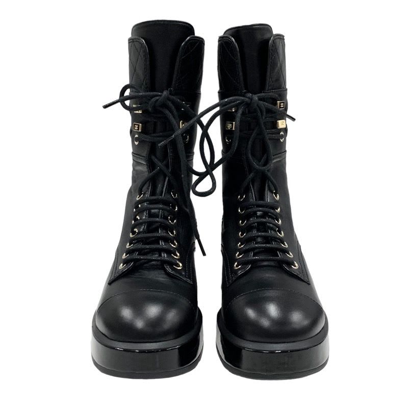 Chanel Boots Short Shoes Coco Mark Lace Up Lambskin Patent Black — view 2