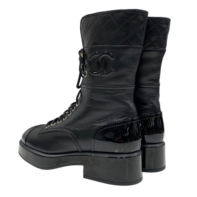 Chanel Boots Short Shoes Coco Mark Lace Up Lambskin Patent Black — view 4