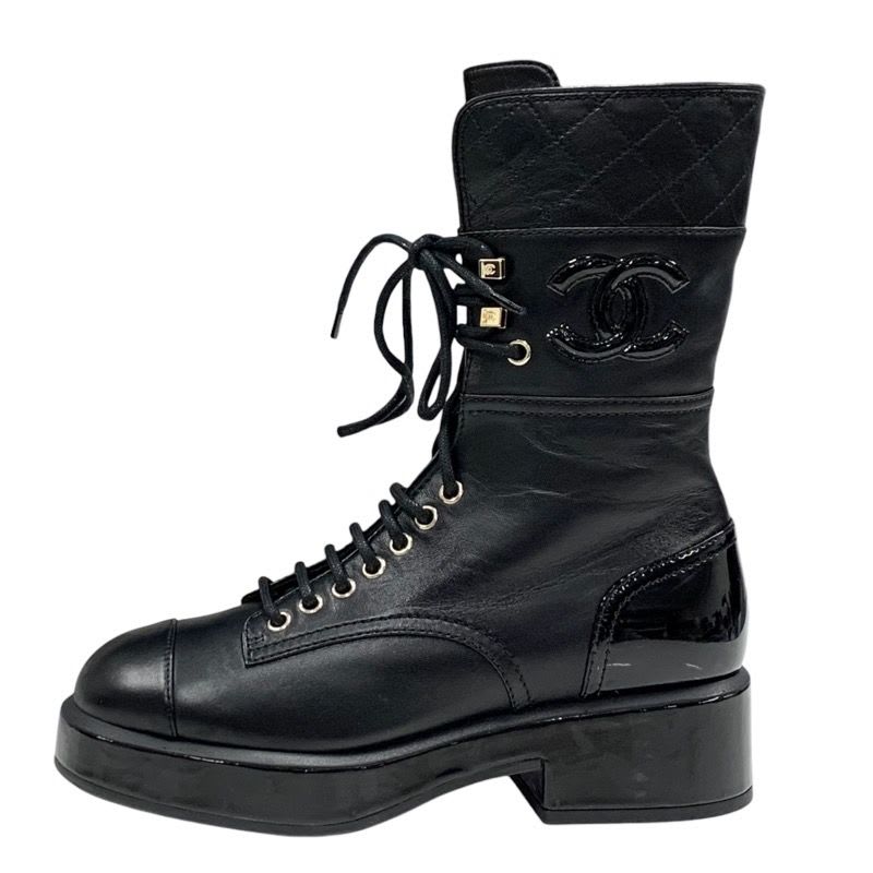 Chanel Boots Short Shoes Coco Mark Lace Up Lambskin Patent Black — view 3