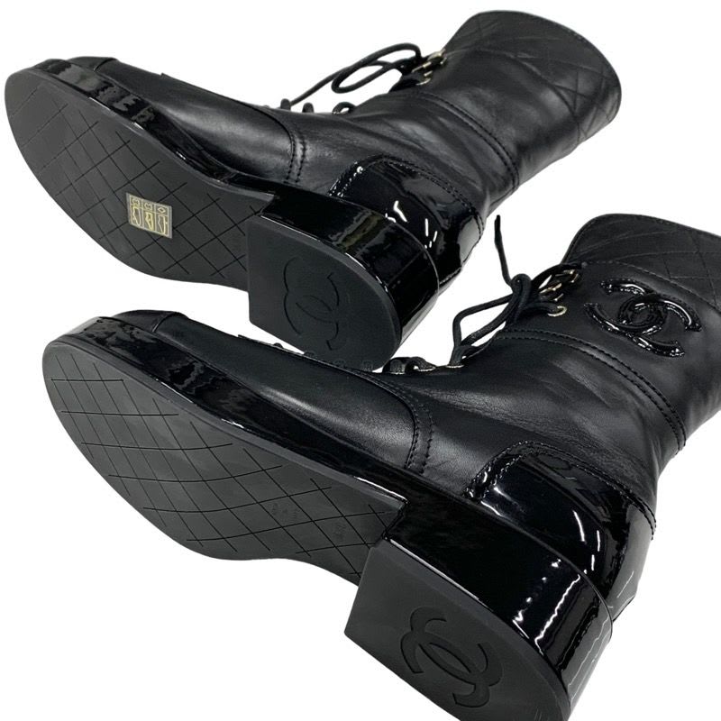 Chanel Boots Short Shoes Coco Mark Lace Up Lambskin Patent Black — view 6