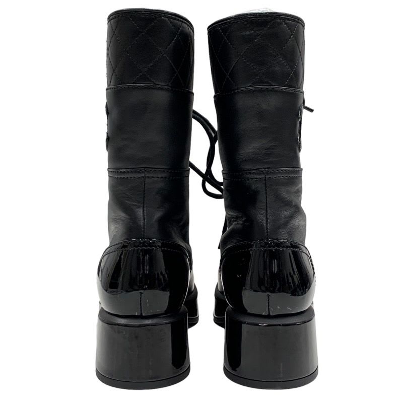 Chanel Boots Short Shoes Coco Mark Lace Up Lambskin Patent Black — view 5
