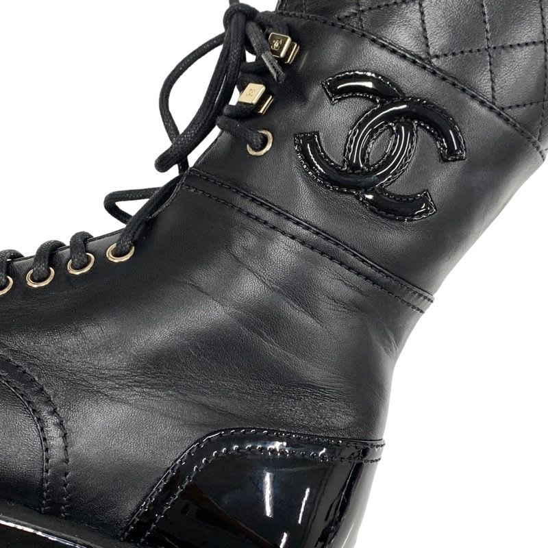Chanel Boots Short Shoes Coco Mark Lace Up Lambskin Patent Black — view 9