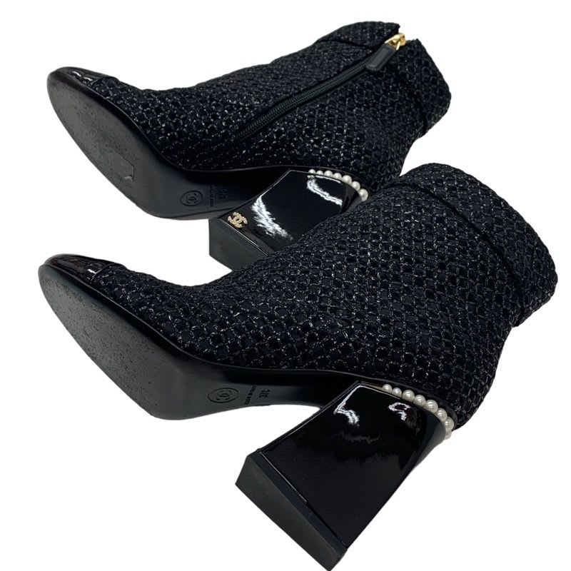 Chanel Boots Short Shoes Fabric Patent Black Coco Mark Pearl — view 6