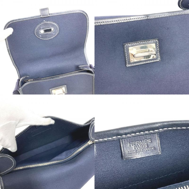 Hermes Shoulder Bag Buenaventura PM Leather Canvas Navy