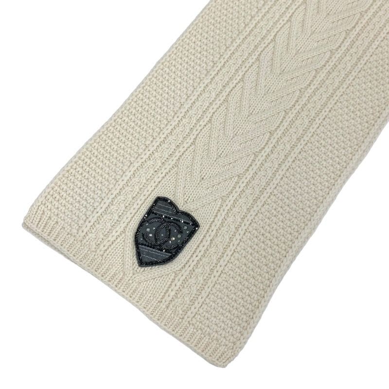 Chanel Muffler Cashmere White Coco Mark Patch Rhinestone Chain Scarf — view 2