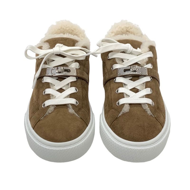 Hermes Day Sneakers Shoes Suede Shearling Brown Kelly Buckle — view 2