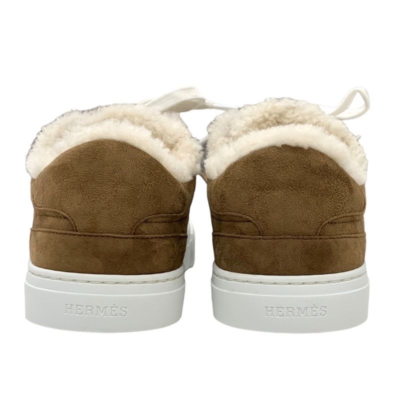 Hermes Day Sneakers Shoes Suede Shearling Brown Kelly Buckle — view 4