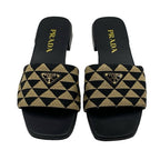 Prada Sandals Flat Mules Shoes Logo Plate Triangle Fabric Black Beige — view 2