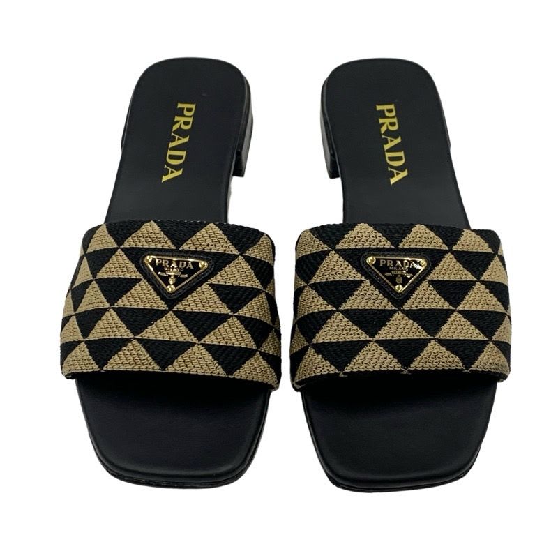 Prada Sandals Flat Mules Shoes Logo Plate Triangle Fabric Black Beige — view 2