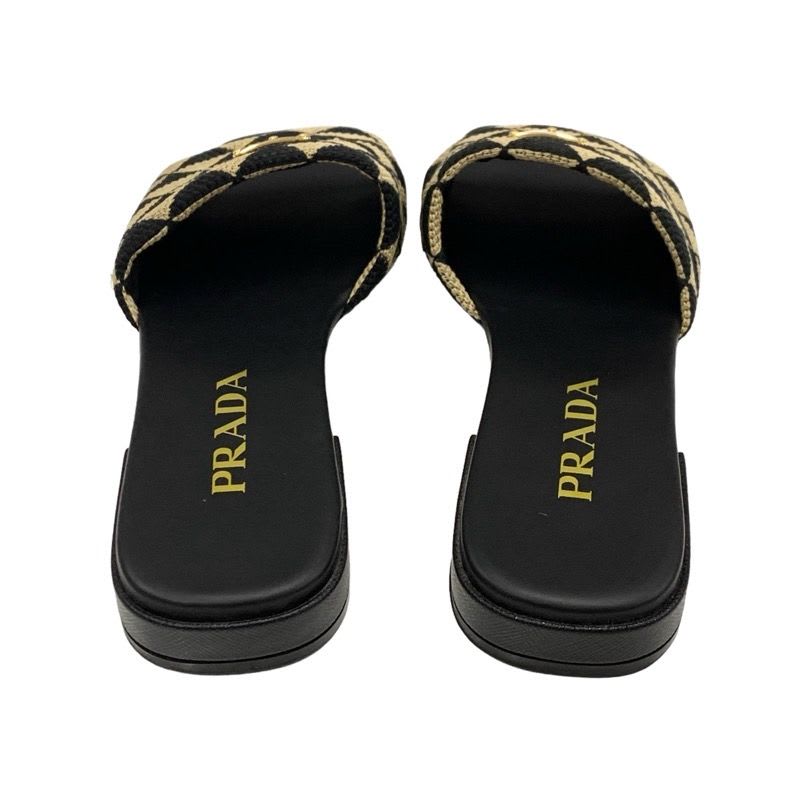 Prada Sandals Flat Mules Shoes Logo Plate Triangle Fabric Black Beige — view 5