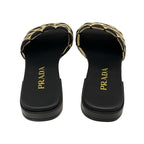 Prada Sandals Flat Mules Shoes Logo Plate Triangle Fabric Black Beige — view 5