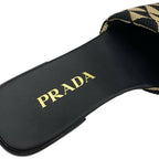 Prada Sandals Flat Mules Shoes Logo Plate Triangle Fabric Black Beige — view 7