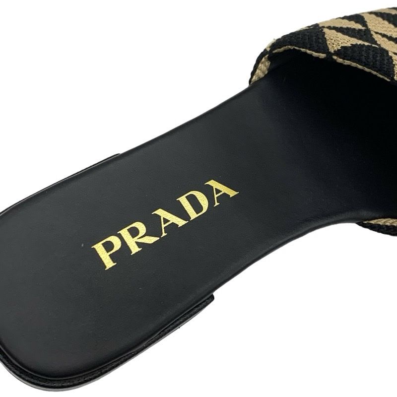 Prada Sandals Flat Mules Shoes Logo Plate Triangle Fabric Black Beige — view 7