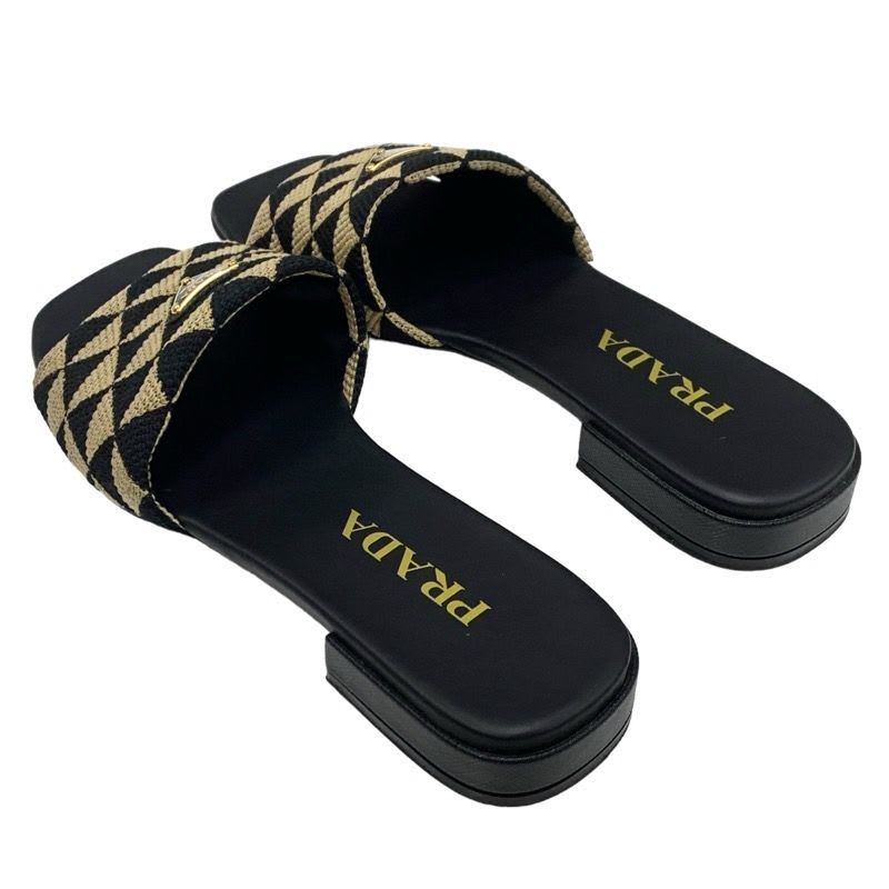 Prada Sandals Flat Mules Shoes Logo Plate Triangle Fabric Black Beige — view 4