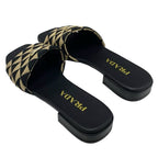 Prada Sandals Flat Mules Shoes Logo Plate Triangle Fabric Black Beige — view 4