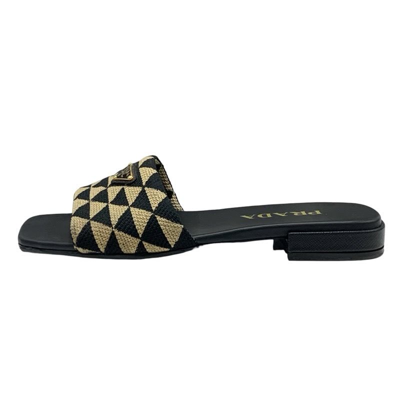 Prada Sandals Flat Mules Shoes Logo Plate Triangle Fabric Black Beige — view 3