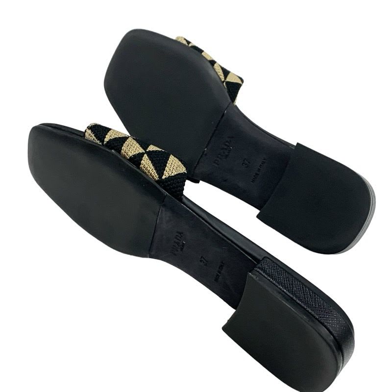 Prada Sandals Flat Mules Shoes Logo Plate Triangle Fabric Black Beige — view 6