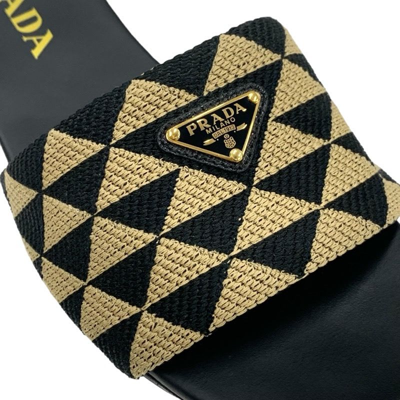 Prada Sandals Flat Mules Shoes Logo Plate Triangle Fabric Black Beige — view 9