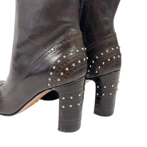 Prada Short Boots Chunky Heel Round Toe Stats 34.5 Brown — view 8