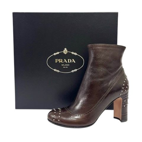 Prada Short Boots Chunky Heel Round Toe Stats 34.5 Brown — view 9