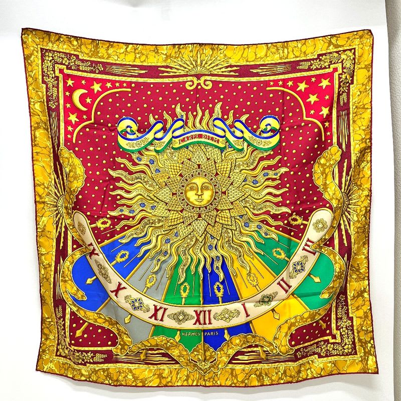 Hermes Scarf Carpe DIEM Enjoy The Day Sun Moon Star Silk Red — view 3