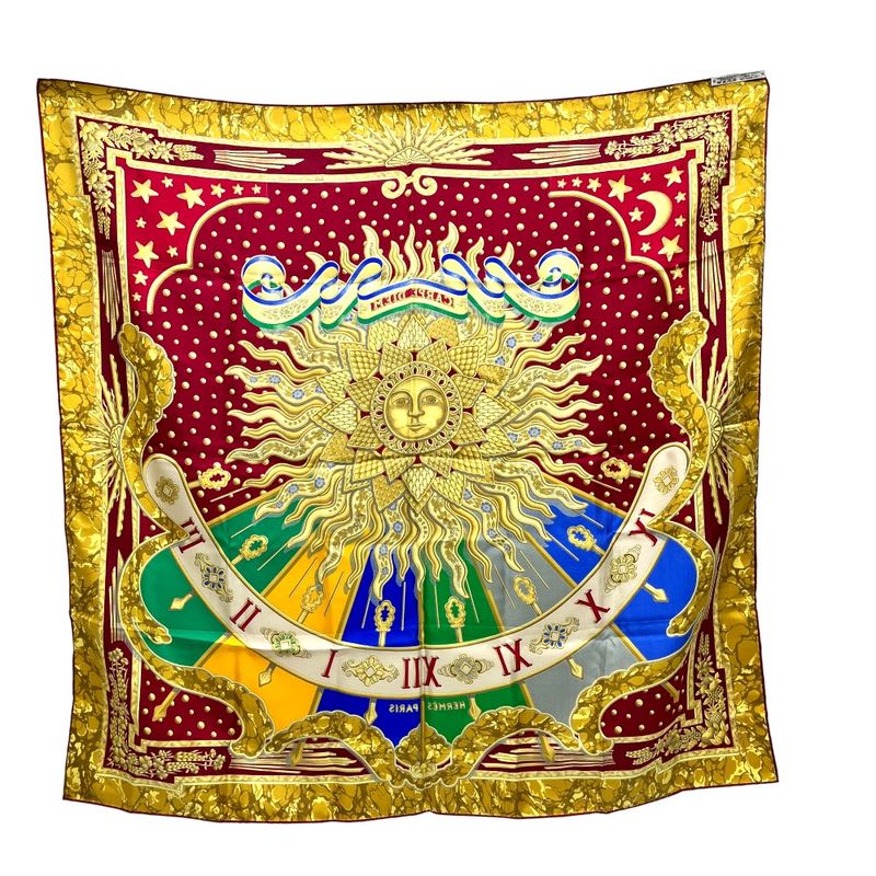 Hermes Scarf Carpe DIEM Enjoy The Day Sun Moon Star Silk Red — view 2