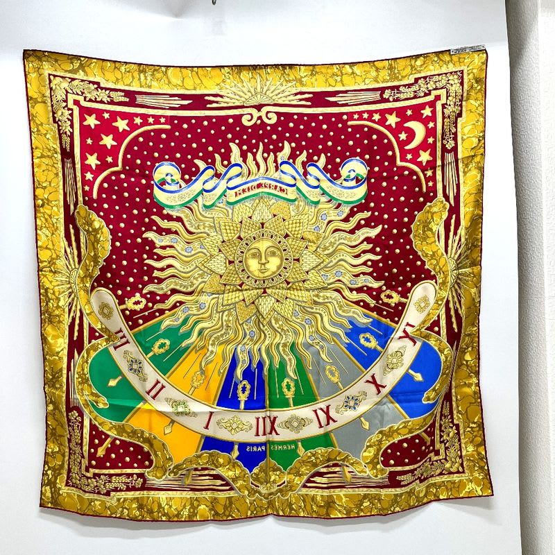 Hermes Scarf Carpe DIEM Enjoy The Day Sun Moon Star Silk Red — view 8