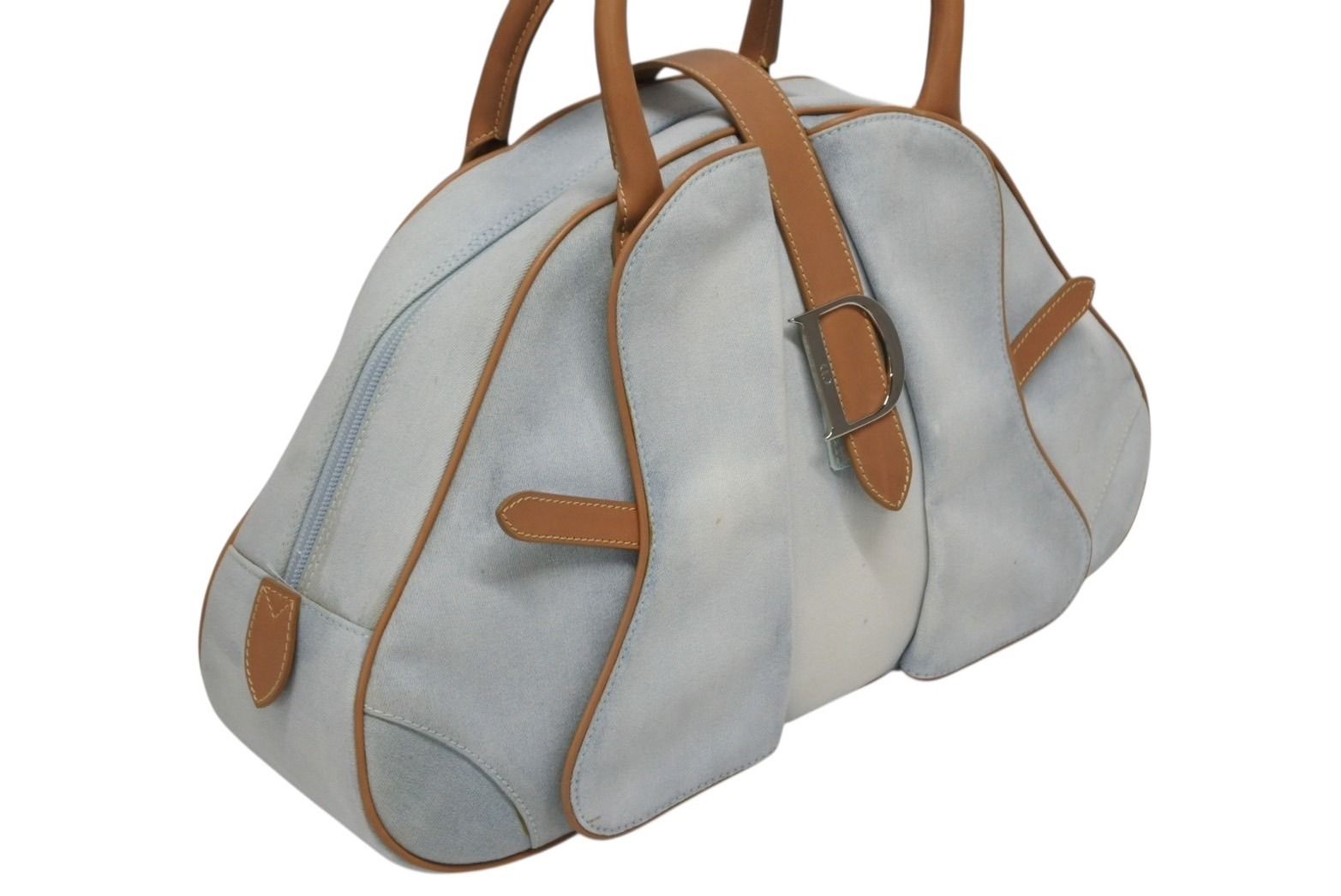 Dior Double Saddle Bowler Bag Handbag Denim Leather Blue Brown — view 4