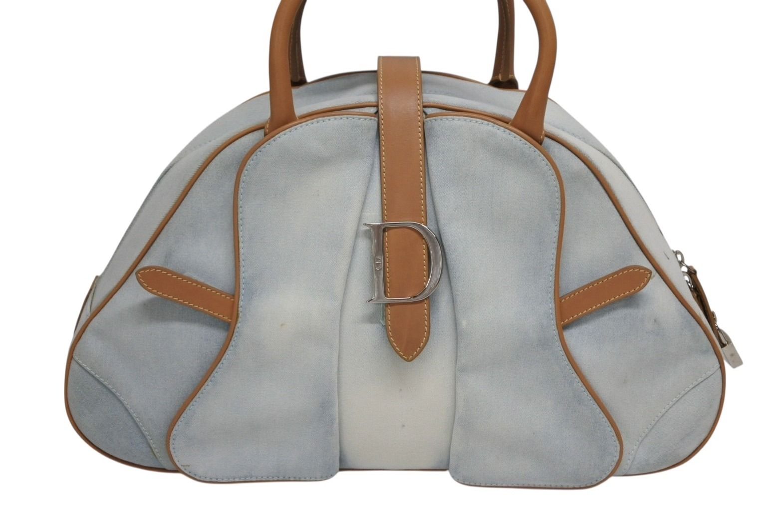 Dior Double Saddle Bowler Bag Handbag Denim Leather Blue Brown — view 2