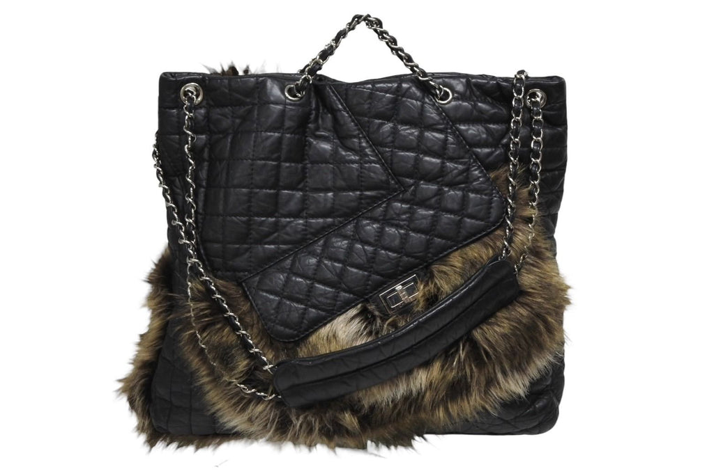 Chanel 2-Way Bag 2.55 CC Logo Calfskin Faux Fur Black Silver