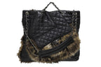 Chanel 2-Way Bag 2.55 CC Logo Calfskin Faux Fur Black Silver