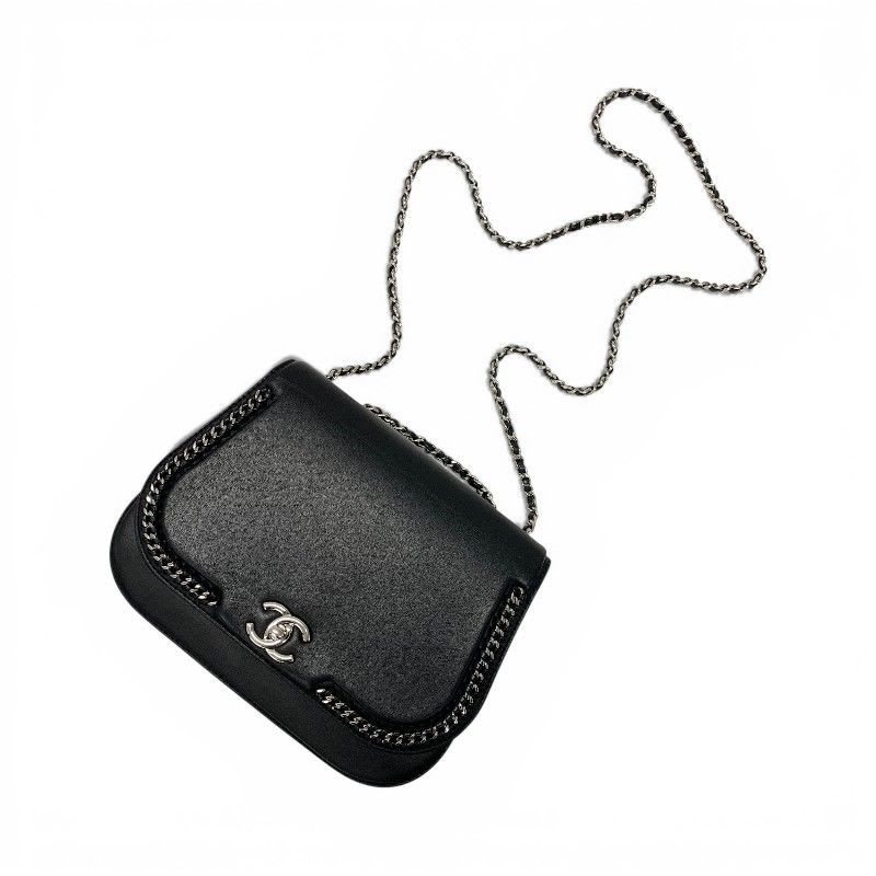Chanel Bag Shoulder Leather Black Silver Turnlock Chain