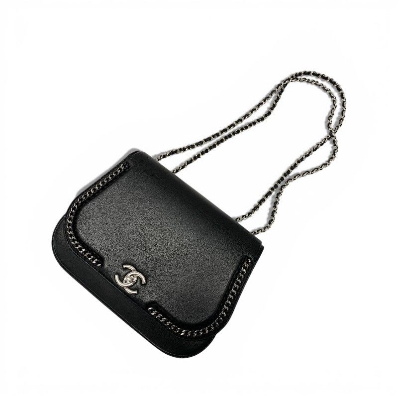 Chanel Bag Shoulder Leather Black Silver Turnlock Chain