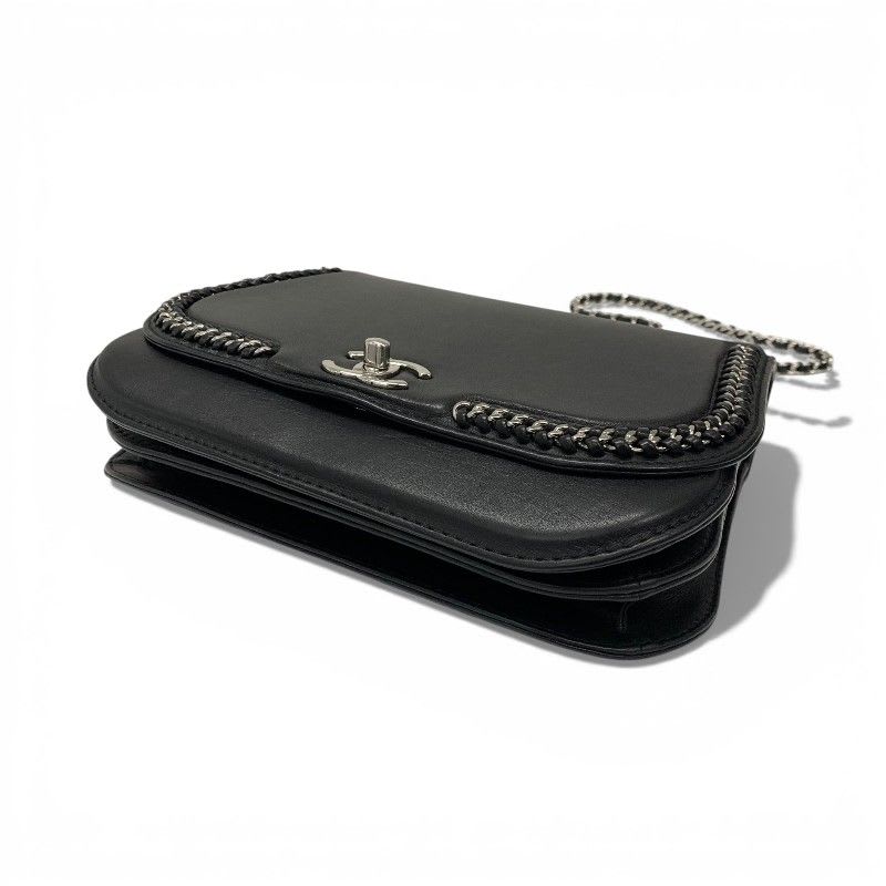 Chanel Bag Shoulder Leather Black Silver Turnlock Chain