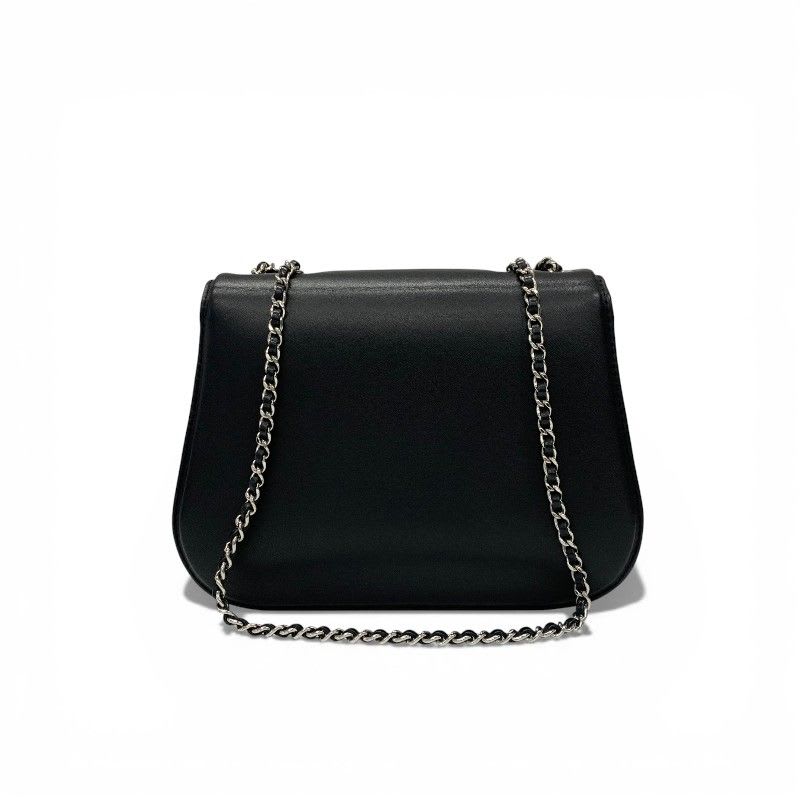 Chanel Bag Shoulder Leather Black Silver Turnlock Chain