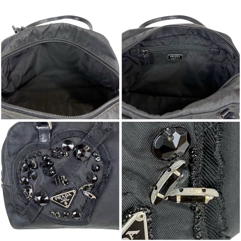 Prada Evening Heart Mini Handbag Black Nero Tessuto Nylon Beads