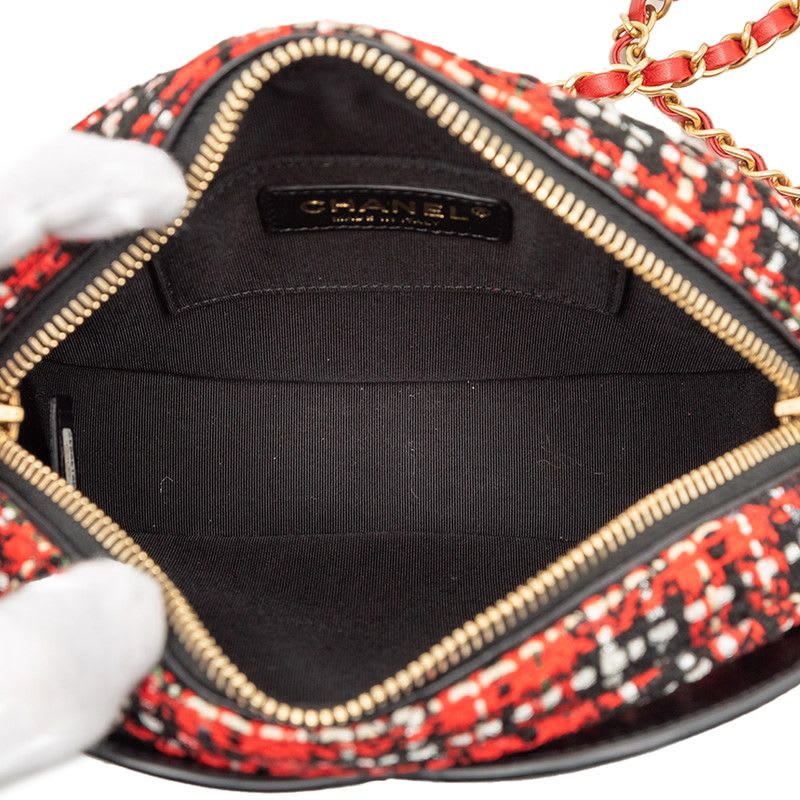 Chanel Chain Shoulder Bag Red Black Tweed Leather — view 5