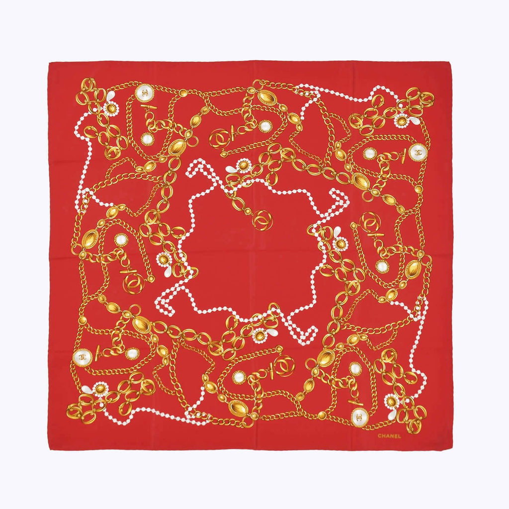 Chanel Scarf Bandana CC Logo Chain Pattern Handkerchief 80 Red Silk