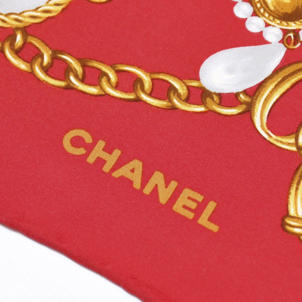 Chanel Scarf Bandana CC Logo Chain Pattern Handkerchief 80 Red Silk — view 2