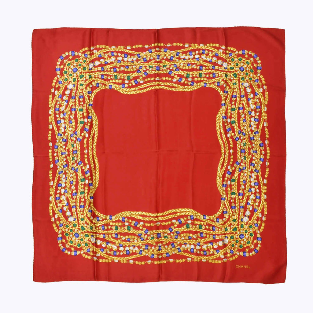 Chanel Scarf Bandana CC Logo Handkerchief 80 Red Silk