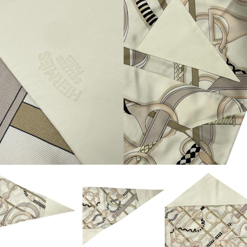 Hermes Triangle Scarf Horse Tack Pattern Silk Leather Cream — view 4