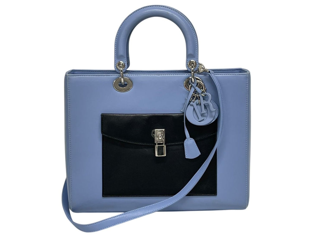 Dior Diorissimo 2-Way Handbag Blue Black Leather Silver