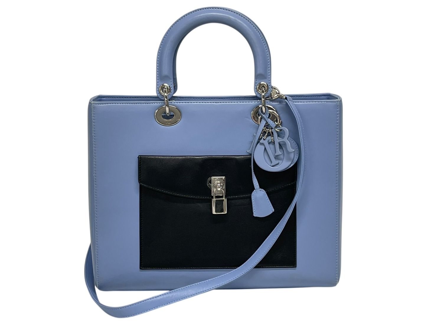 Dior Diorissimo 2-Way Handbag Blue Black Leather Silver