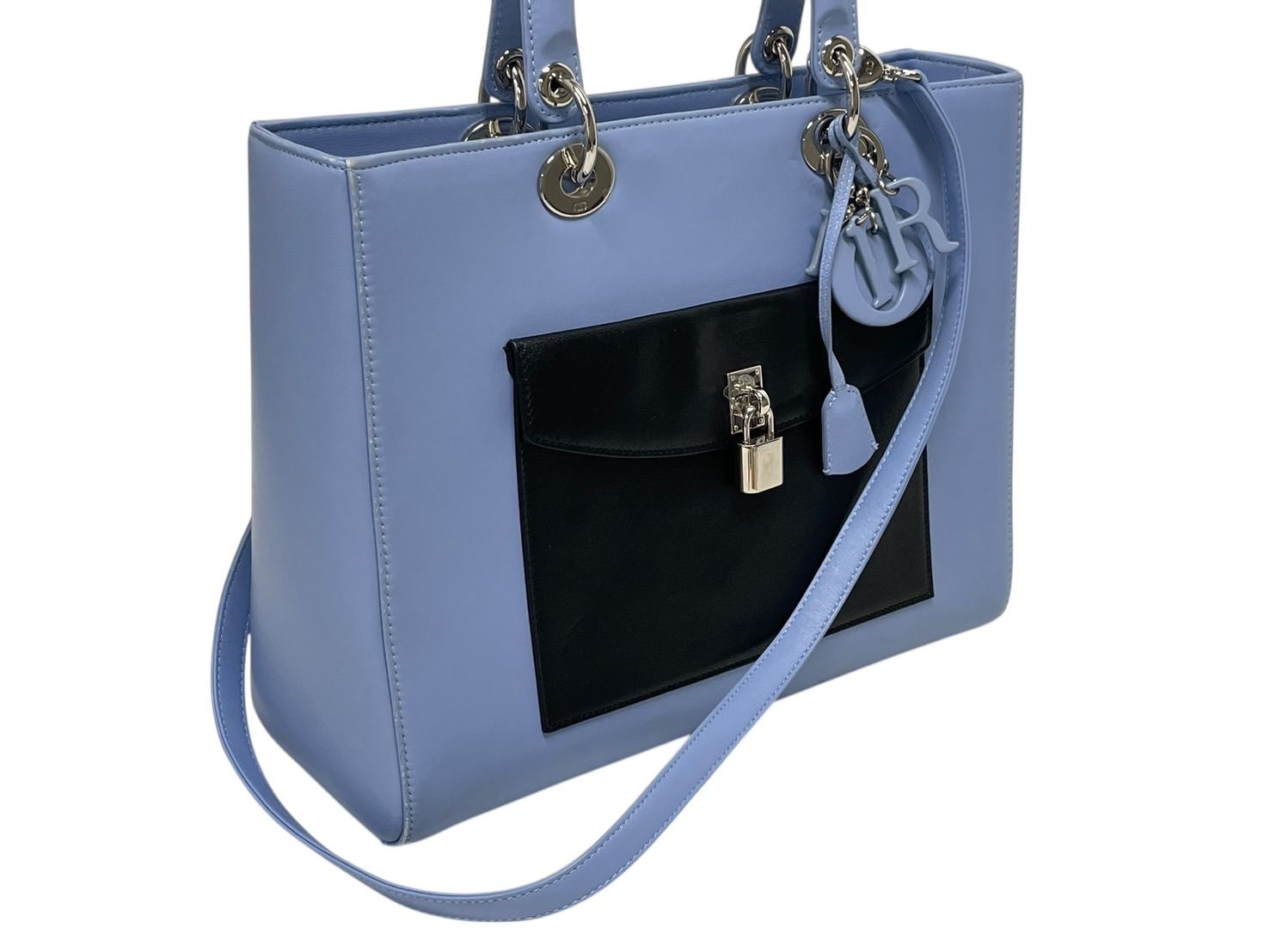 Dior Diorissimo 2-Way Handbag Blue Black Leather Silver — view 3