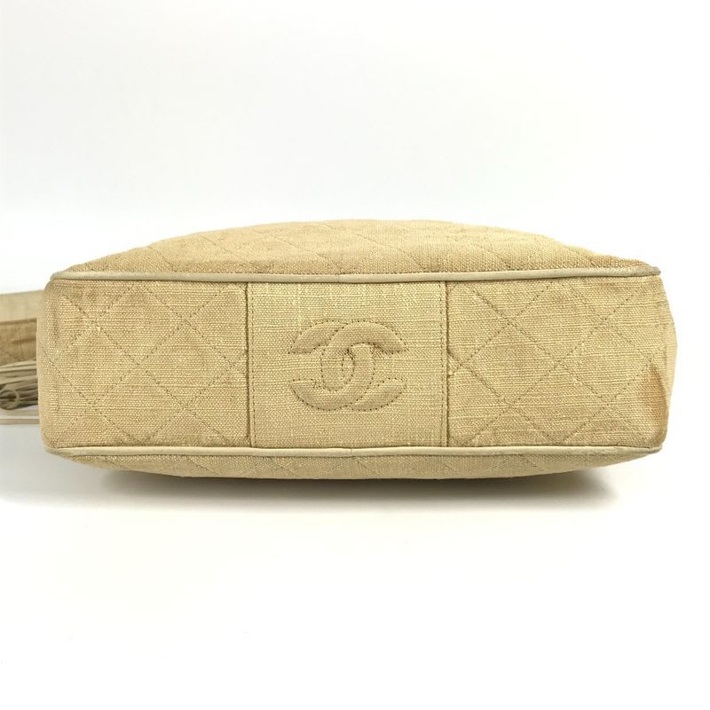 Chanel Shoulder Bag Logo Quilted Fringe Tassel Canvas Beige