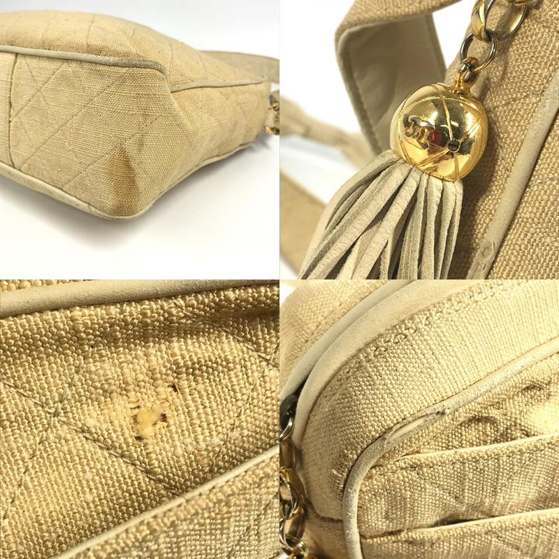 Chanel Shoulder Bag Logo Quilted Fringe Tassel Canvas Beige