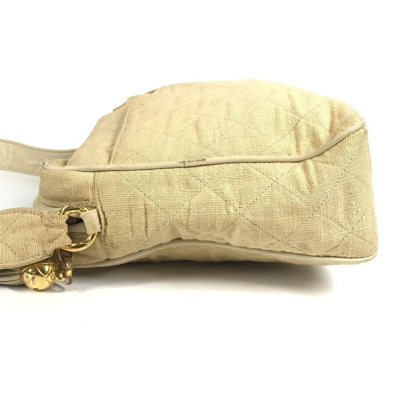 Chanel Shoulder Bag Logo Quilted Fringe Tassel Canvas Beige